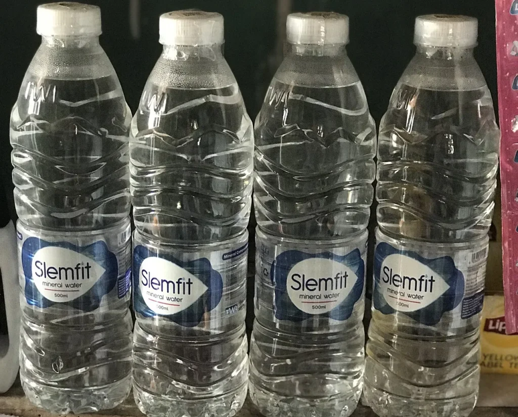Bottled drinking water on sale at a market in Ghana