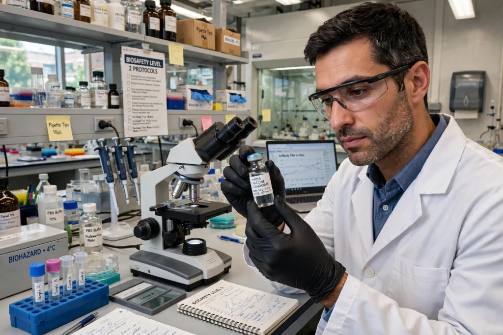NeoVax Vaccine With Nivolumab Passes Early Ovarian Cancer Test Researcher in a laboratory holding a vaccine vial for cancer immunotherapy research