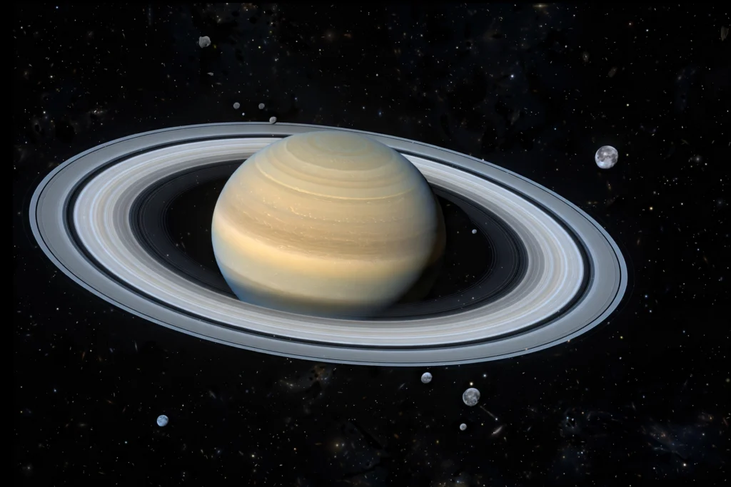 128 New Moons Push Saturn’s Total to a Record 274 Saturn and its rings surrounded by many small moons in deep space