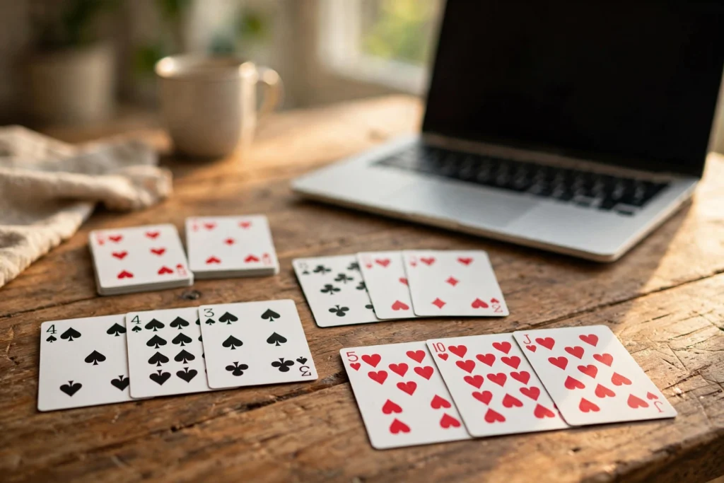 Playing cards arranged in sequences and sets next to a laptop