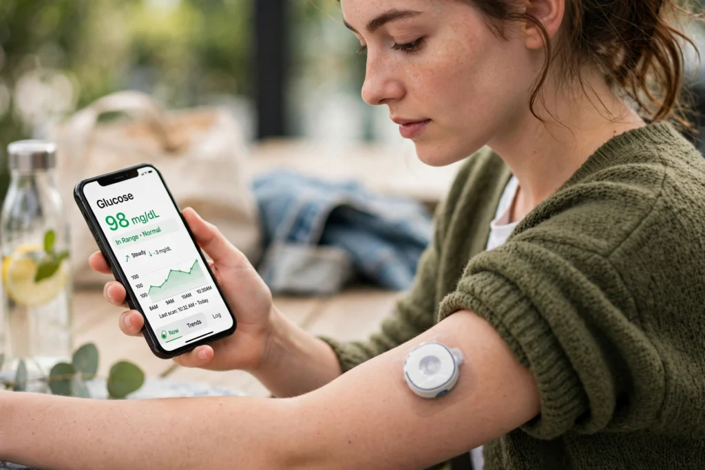 Glucose Monitors Give Diabetes Patients Five More Hours a Day in Range Person checking a continuous glucose monitor reading on a smartphone
